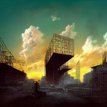 Large construction site at sunset Stock Illustration