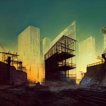 Large construction site at sunset Stock Illustration