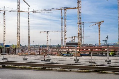 on large construction site there are many yellow construction cranes and the