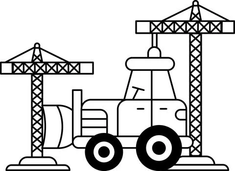 A large construction vehicle is parked next to a crane Stock-Illustration
