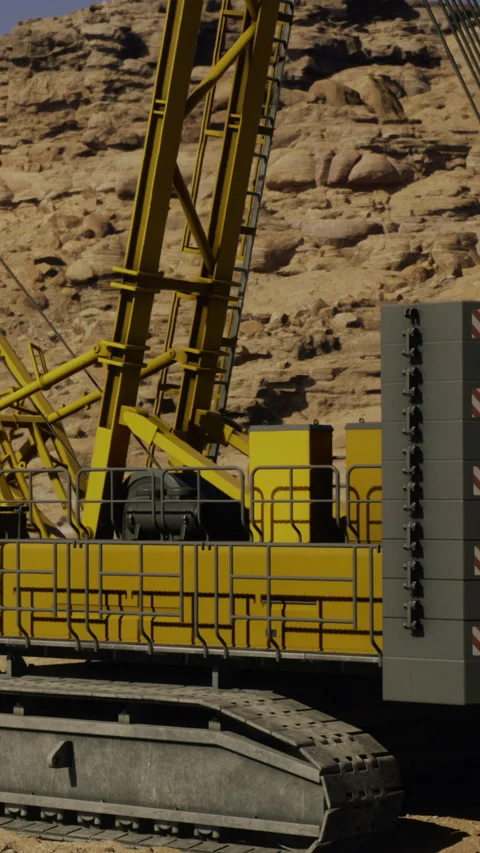 A large construction vehicle is positioned on rough rocky land in a desert area Stock Footage 331442446