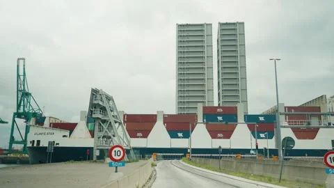 Large container Atlantic Star ship passing Kieldrechtsluis lock in Antwerp port Stock Footage 340936307