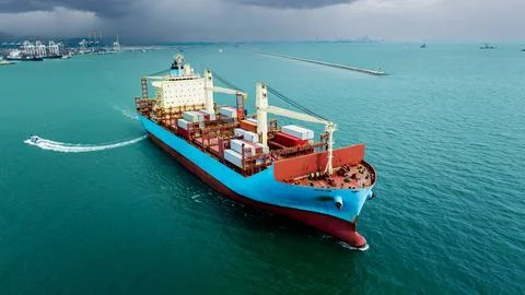 Large Container Cargo Ship Navigating Coastal Waters In Thailand High Angle.. Photos