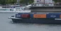 Large Container Cargo Ship Passing Fluvial Boat Rhine River CMA CGM Hapag Lloyd 4k or 4k+ Resolution