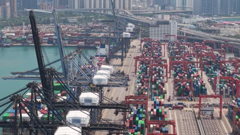 Large Container Cranes Moving Cargo Containers at Hong Kong Maritime Port Stock Footage 326078705