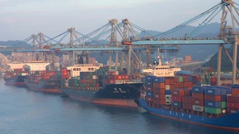 Large container cranes in port load multi-colored containers industrial barge Vidéo gratuite 122196941