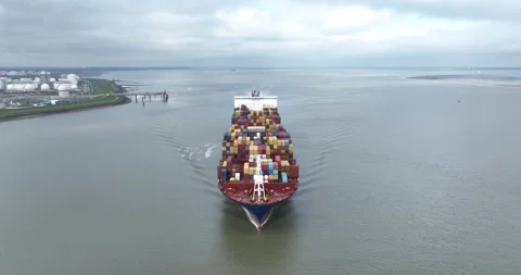 Large container ship aerial drone view. Shipment of products and good over sea Видео 265898610