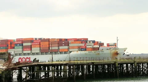 Large container ship and old pier Stock Footage 46101719