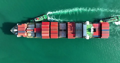 Large Container Ship Assisted By Tugboats In Harbor Extreme Wide Shot Stock Footage 335682299
