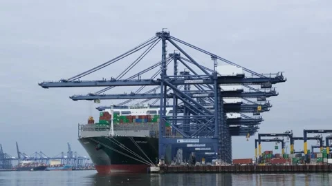 Large container ship being loaded with cargo. Felixstowe Stock Footage 212320088