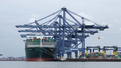 Large container ship being loaded with cargo. Felixstowe Stock Footage 212320106