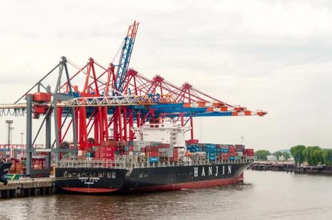 Large container ship at the Container Terminal Buchardkai in Hamburg Stock Photos