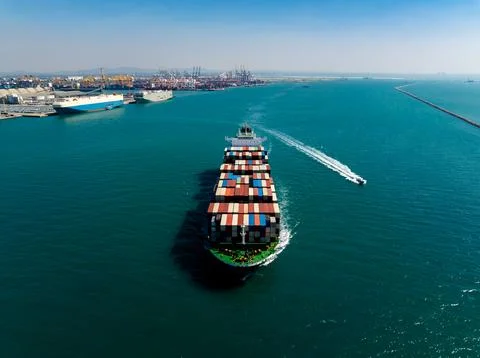 Large Container Ship Entering Laem Chabang Port Industrial Facility Wide Shot Stock Photos