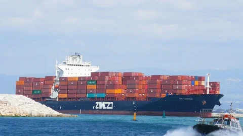 Large container ship entering port 4k intro video for business Stock Footage 105462489