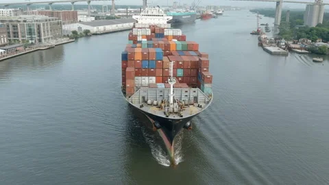 Large container ship leaves the port of Savannah, USA Stock Footage 154554628