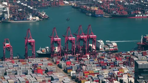 Large container ship loading and unloading, four cranes work with one vessel. Stock Footage 90845960