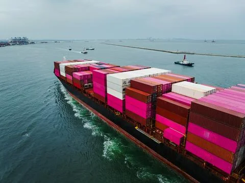Large Container Ship Navigating Calm Coastal Waters Toward Harbor Wide Shot Stock Photos