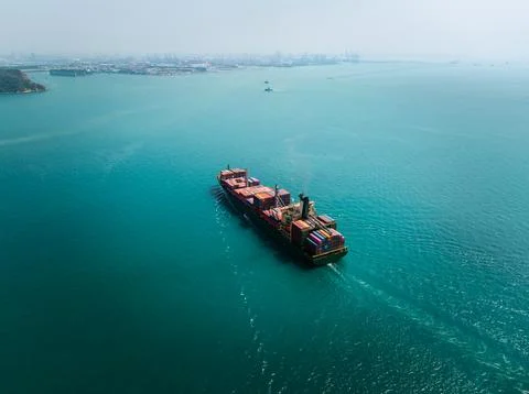 Large Container Ship Navigating Coastal Waters Near Laem Chabang Chonburi T.. Stock Photos
