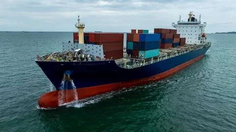 Large Container Ship Navigating Coastal Waters Near Laem Chabang Chonburi T.. Stock Photos