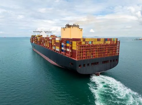 Large Container Ship Navigating Ocean Waters Near Si Racha Chon Buri Thailand Stock Photos