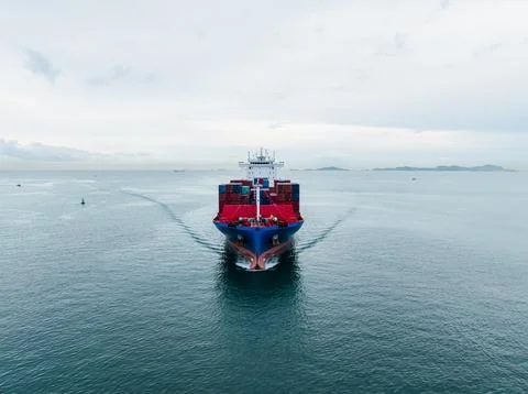 Large Container Ship Navigating Open Ocean Near Chon Buri Thailand Wide Shot Stock Photos