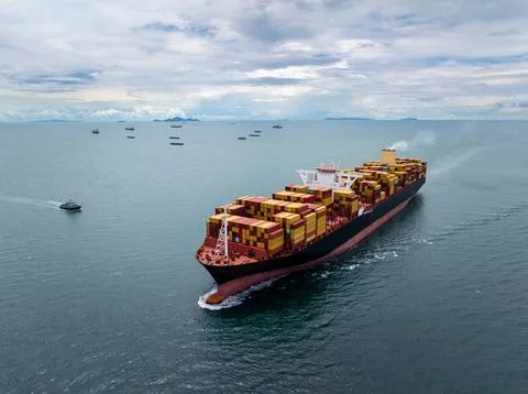 Large Container Ship Navigating Open Ocean Near Si Racha Thailand Stock Photos