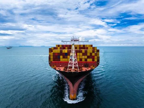 Large Container Ship Navigating Open Ocean Near Chon Buri Thailand Stock Photos
