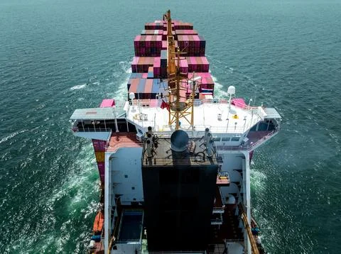 Large Container Ship Navigating Open Sea Near Si Racha Thailand High Angle Sh Stock Photos