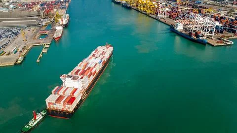 Large Container Ship Navigating Through Busy Industrial Harbor Thailand Hig.. Stock Photos