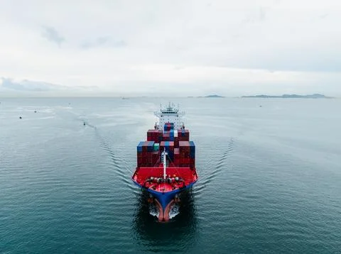 Large Container Ship Navigating Through Open Water Off The Coast Of Laem Ch.. Stock Photos