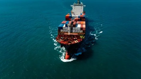 Large Container Ship Navigating Through Deep Ocean Waters Near Si Racha Cho.. Stock Photos