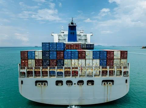 Large Container Ship Sailing Across Open Ocean In Thailand Aerial Shot Photos