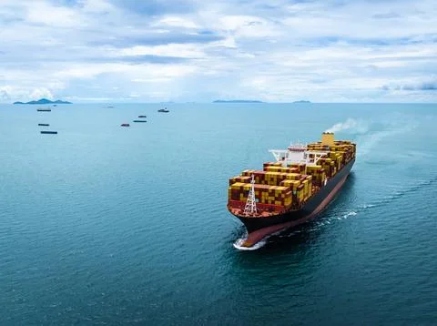 Large Container Ship Sailing On Open Sea Near Coast Of Si Racha Thailand Wi.. Stock Photos