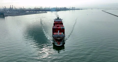 Large Container Ship Sailing Through Industrial Shipping Channel At Laem Ch.. Stock Footage 340131705