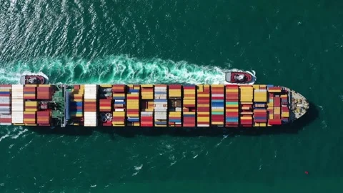 Large Container Ship in Sea. Aerial Top-Down View Stock Footage 148892815