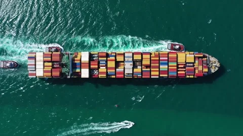 Large Container Ship in Sea. Aerial Top-Down View Stock Footage 148892839
