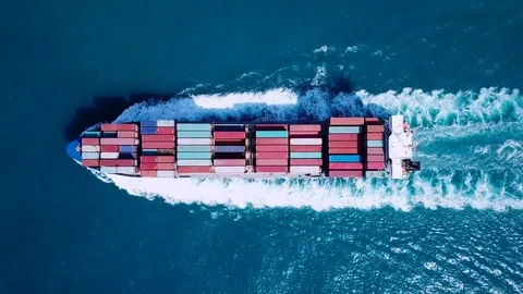 Large container ship at sea - Top down Aerial footage Stock Footage