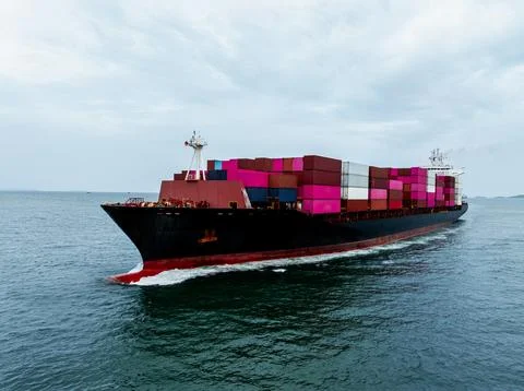 Large Container Ship Transporting Cargo Across Open Ocean In Chonburi Provi.. Stock Photos