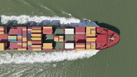 Large Container Ship Traveling Across the Open Ocean Seen From Directly Above Stock Footage 346422447