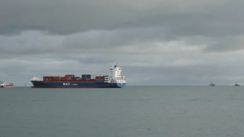 A Large Container Ship on Water at Setubal Stock Footage 145408718
