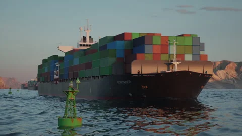 Large container ships crossing narrow coastal strait at sunset Stock Footage 339231737