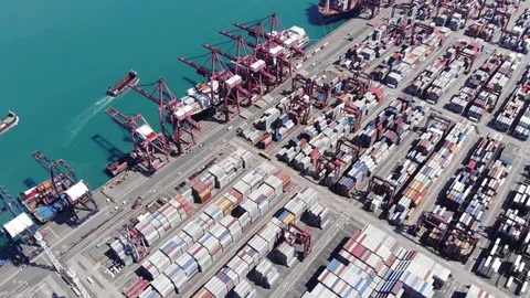Large container terminal view from air, many steel box stacked at storage area Stock Footage 91133030
