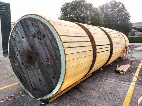 Large containers for storing large electrical cables to be installed Stock Photos