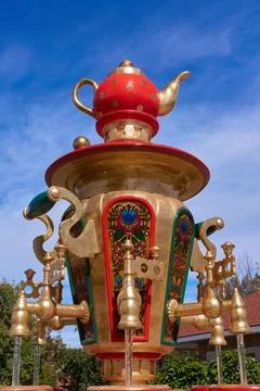 Large copper samovar in Loga park. Stock Photos