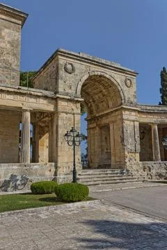 Large Covered Arch with Square Pillars in Corfu Old Town Stock Photos