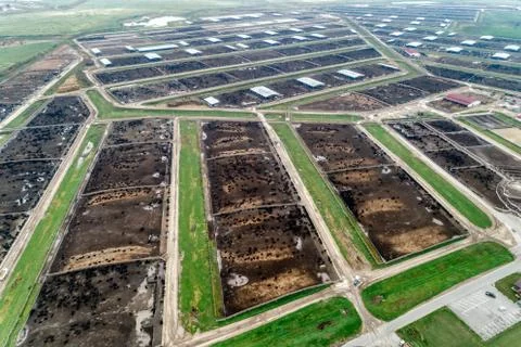 Large cowshed in the middle of green fields. Lots of stockyards where cows graze Stock Photos