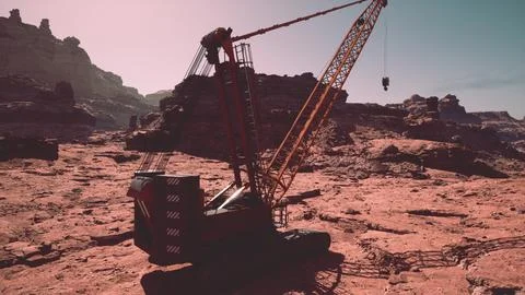 A large crane sitting on top of a dirt field Stock Illustration
