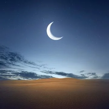 A large crescent moon is shining brightly in the night sky over a desert la.. Fotos Stock