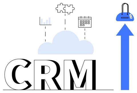 Large CRM text beneath cloud connected to bar chart, puzzle pieces, calendar. Stock Illustration