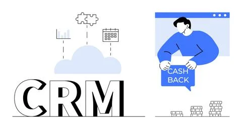 Large CRM text with cloud above including charts, puzzle, and calendar forms. Stock Illustration